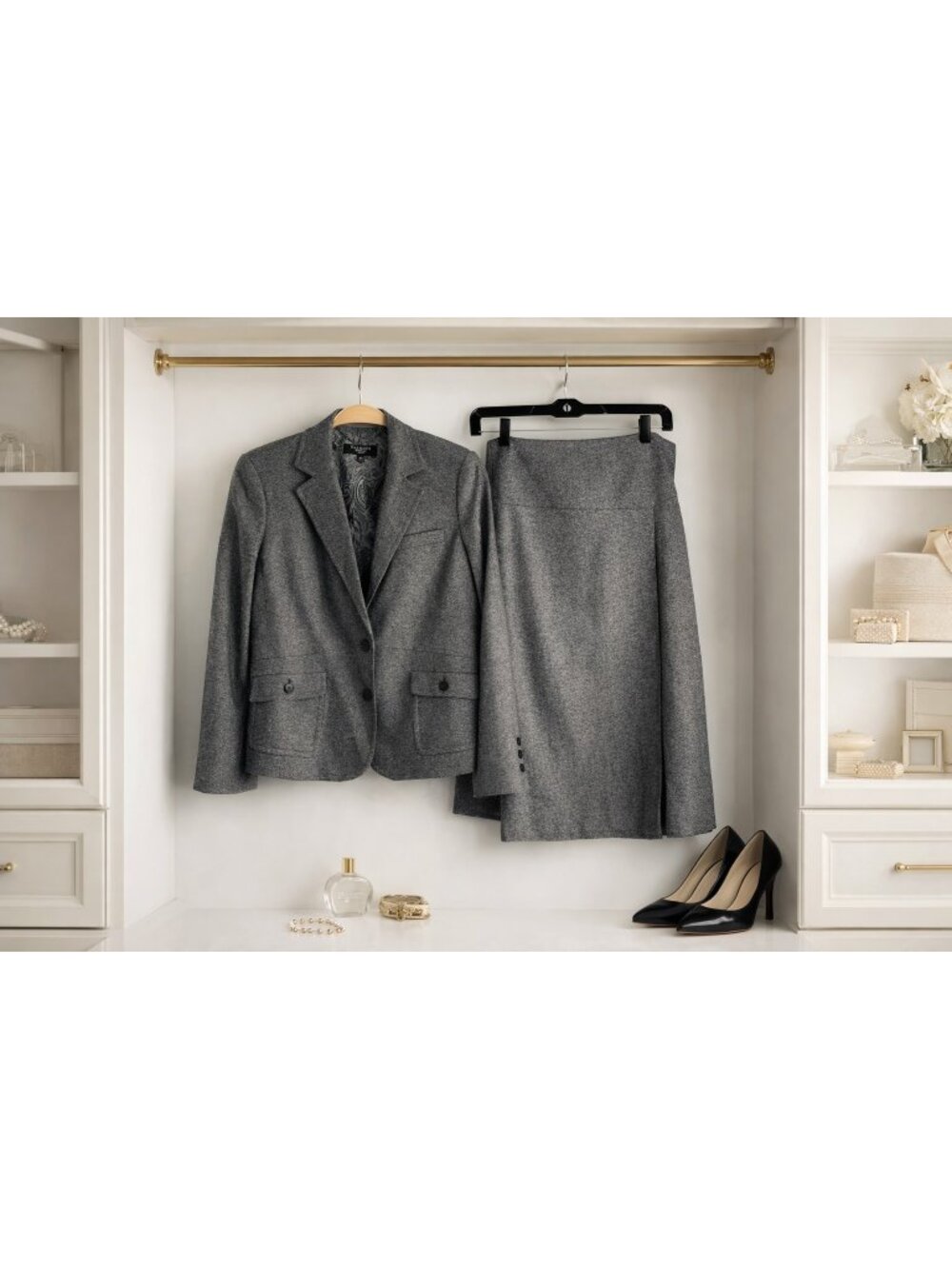 VTG Talbots Womens Gray Wool Tweed Skirt Suit Set 10P Blazer & Midi Skirt EUC
